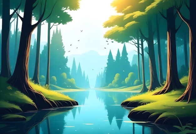 uma pintura digital de uma floresta com um rio e árvores