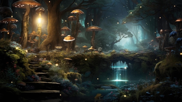 uma pintura digital de uma floresta com uma cachoeira e uma ponte ao fundo.