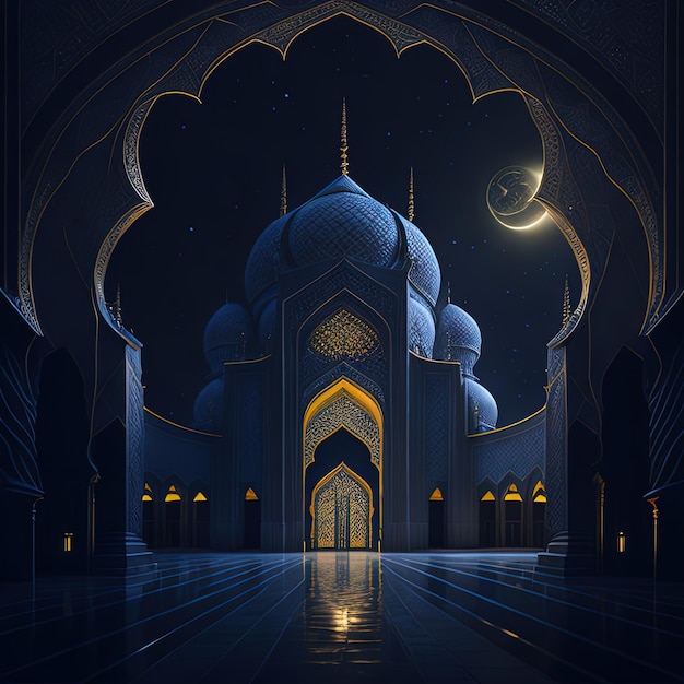 Uma pintura digital de uma mesquita com uma lua ao fundo.