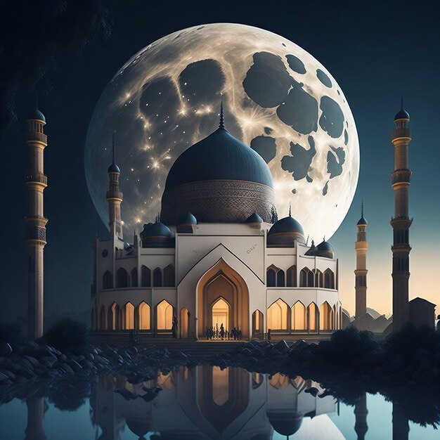 Uma pintura digital de uma mesquita com uma lua ao fundo