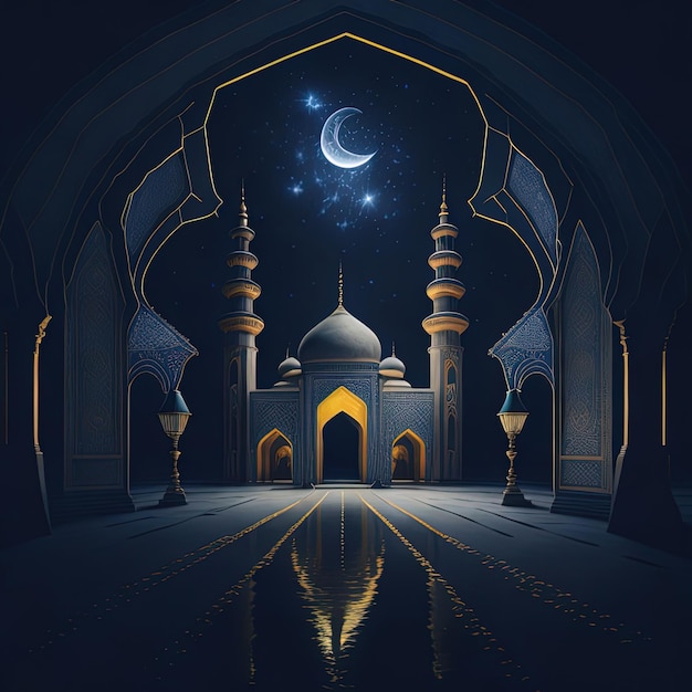 Uma pintura digital de uma mesquita com uma lua e estrelas no céu.