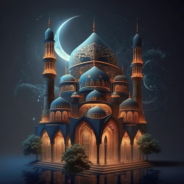 Uma pintura digital de uma mesquita com uma lua e estrelas.