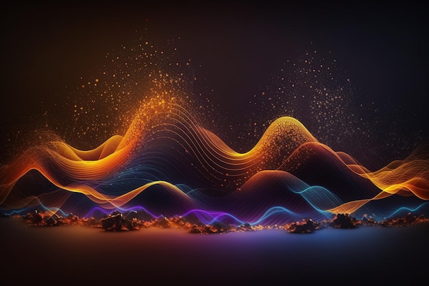 Uma pintura digital de uma montanha com um padrão de luz que diz 'onda'