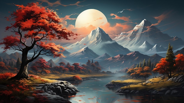 Uma pintura digital de uma montanha com uma árvore colorida em primeiro plano