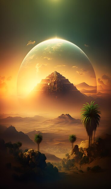 Uma pintura digital de uma montanha com uma palmeira ao fundo.