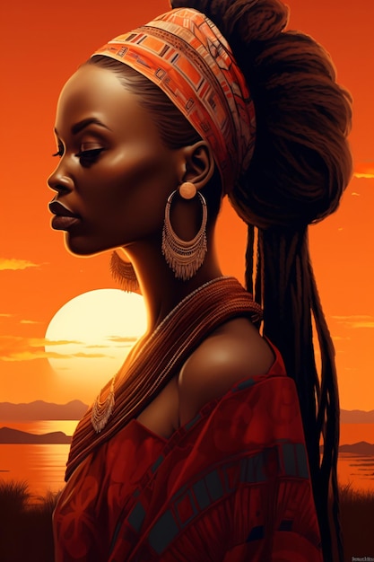 Foto uma pintura digital de uma mulher africana ao pôr do sol em