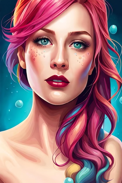 Uma pintura digital de uma mulher com cabelo rosa e olhos azuis.