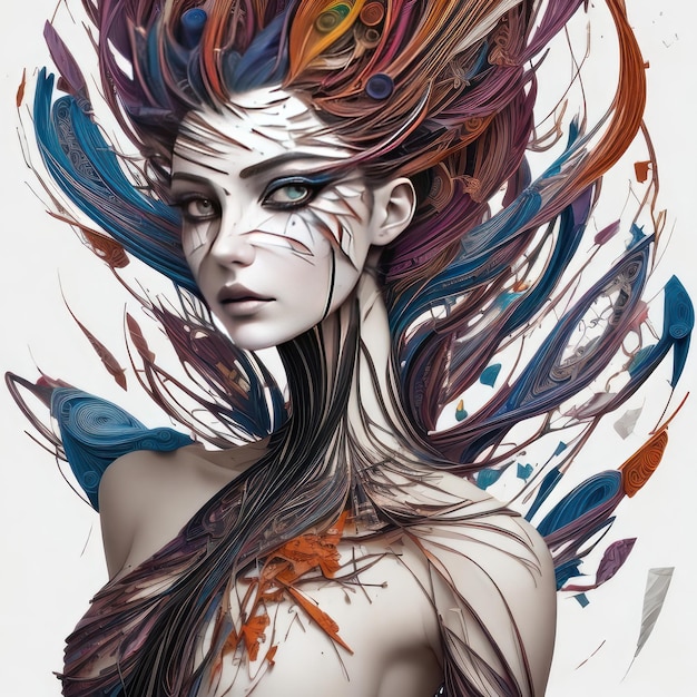 Uma pintura digital de uma mulher com cabelos coloridos e um rosto com a palavra arte.