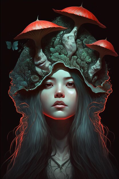 Uma pintura digital de uma mulher com um chapéu de cogumelo na cabeça.