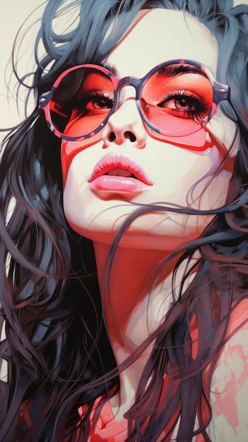 uma pintura digital de uma mulher usando óculos vermelhos