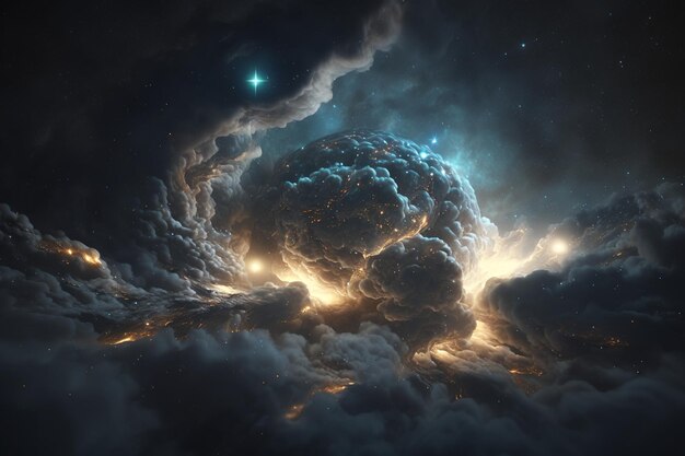 Uma pintura digital de uma nuvem com um cérebro em chamas no centro.