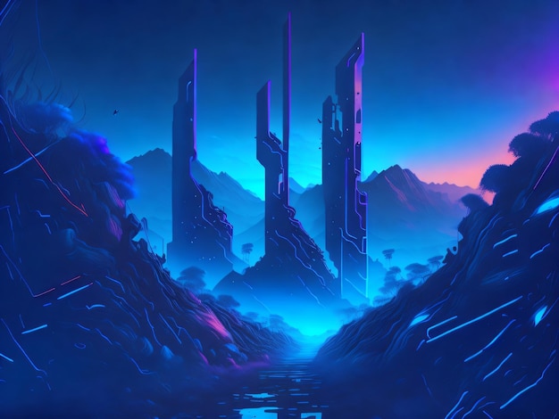 Uma pintura digital de uma paisagem com fundo azul e roxo e um planeta roxo