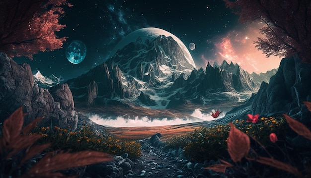 Uma pintura digital de uma paisagem com um planeta e um planeta com a lua ao fundo