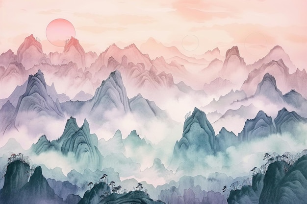 uma pintura digital de uma paisagem de montanha com um pôr-do-sol rosa no fundo