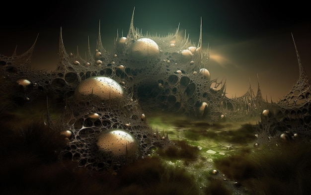 Uma pintura digital de uma paisagem escura com um monte de esferas estranhas no topo.