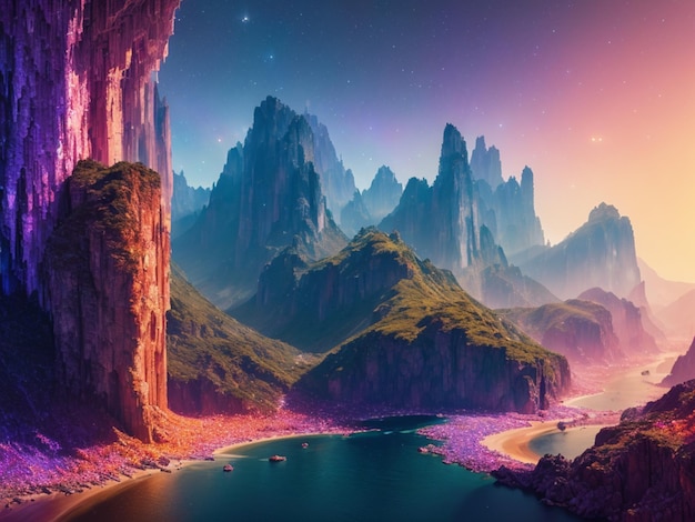 Uma pintura digital de uma paisagem montanhosa com um céu roxo e uma montanha ao fundo.