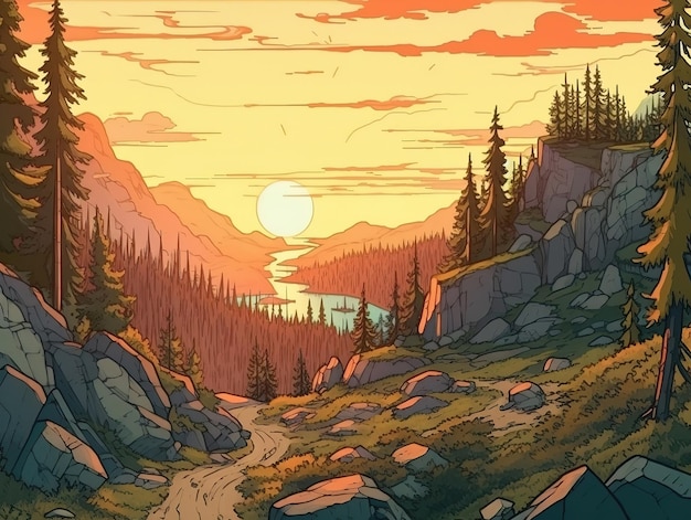 Uma pintura digital de uma paisagem montanhosa com um pôr do sol ao fundo.