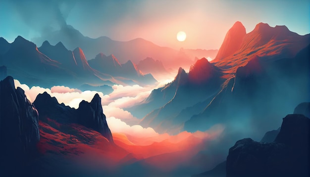 Uma pintura digital de uma paisagem montanhosa com um pôr do sol ao fundo
