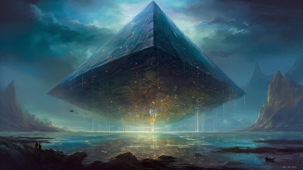 Uma pintura digital de uma pirâmide no oceano.