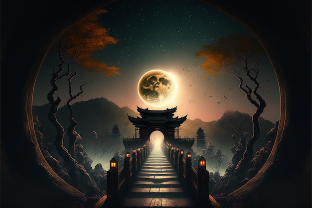Uma pintura digital de uma ponte com uma lua ao fundo