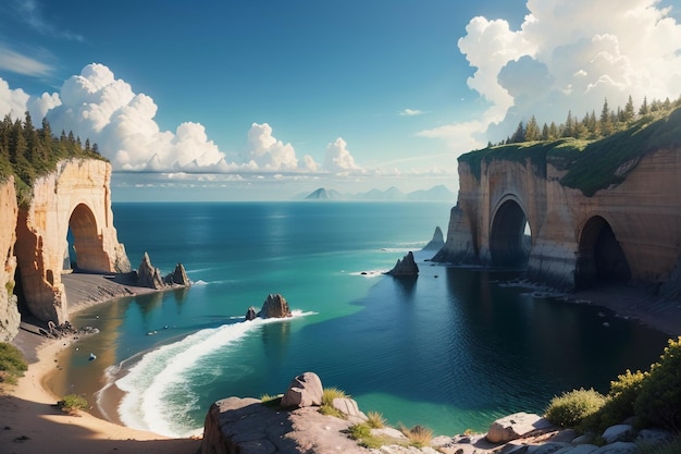 Uma pintura digital de uma praia rochosa com uma grande formação rochosa e uma ponte que diz 'sea cave' on it.
