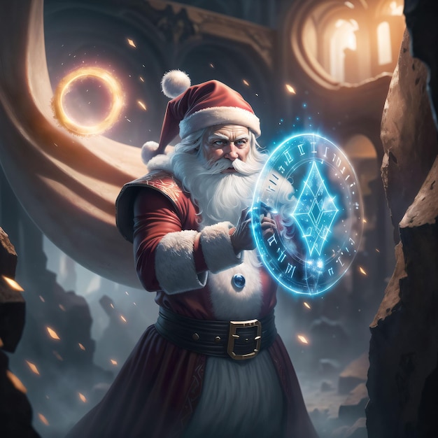 Uma pintura digital do Papai Noel segurando uma luz azul