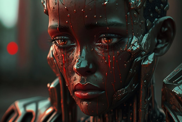 Uma pintura digital do rosto de uma mulher com sangue escorrendo pelo rosto.