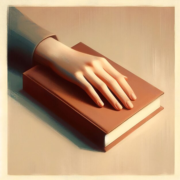 Uma pintura digital minimalista de uma mão descansando em cima de um livro fechado