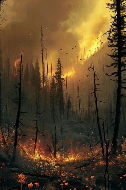 uma pintura digital que captura o momento do renascimento em uma floresta afetada por um incêndio