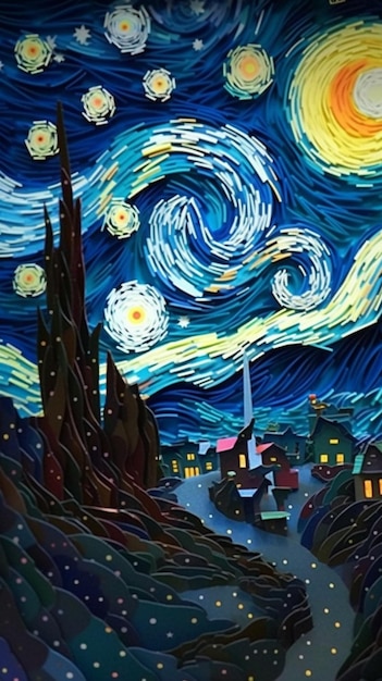 Uma pintura do céu noturno estrelado com as estrelas e a lua no céu.