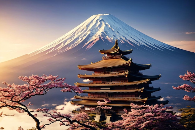 Uma pintura do monte fuji com um pagode japonês em primeiro plano