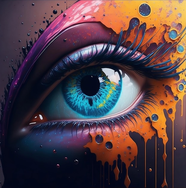 Uma pintura do olho de uma mulher com tinta amarela e laranja.