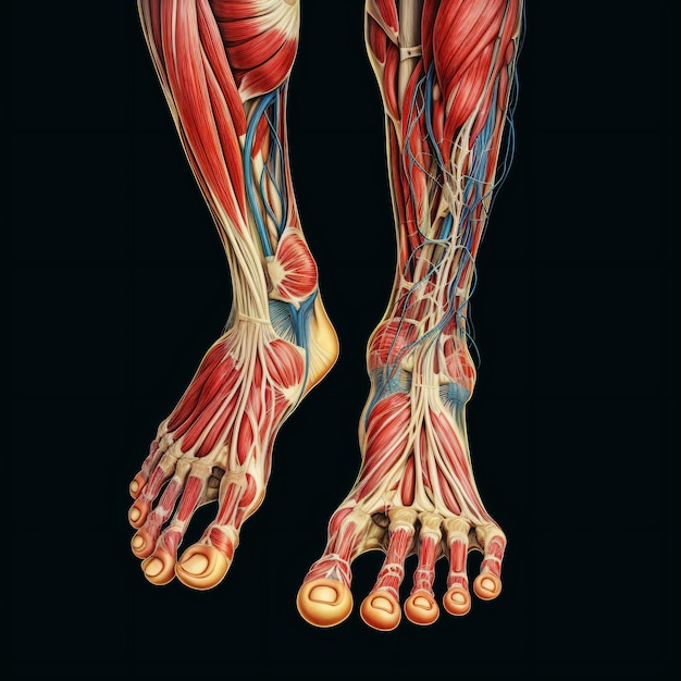 Uma pintura do pé de um homem com os músculos marcados.