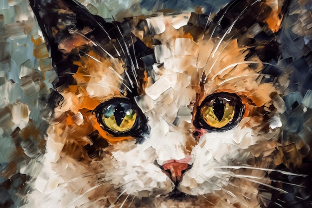 Uma pintura do rosto de um gato com olhos amarelos.