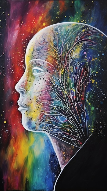 Uma pintura do rosto de uma mulher com as palavras 'o universo' nela