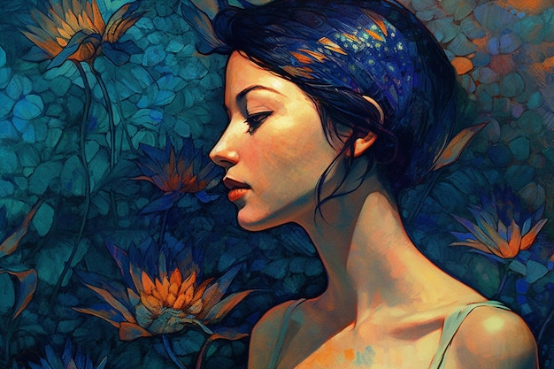 Uma pintura do rosto de uma mulher com flores ao fundo.