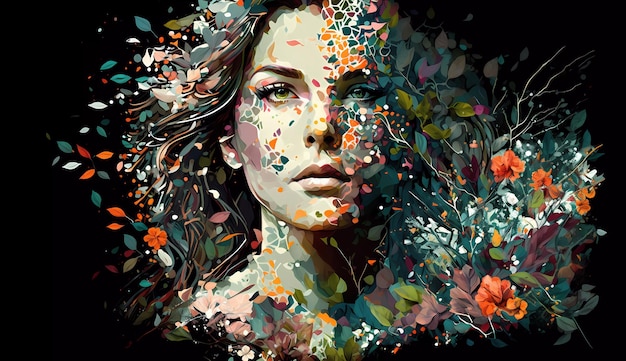 Uma pintura do rosto de uma mulher com flores.