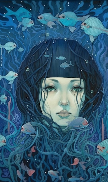 Uma pintura do rosto de uma mulher com fundo azul e peixes no fundo.