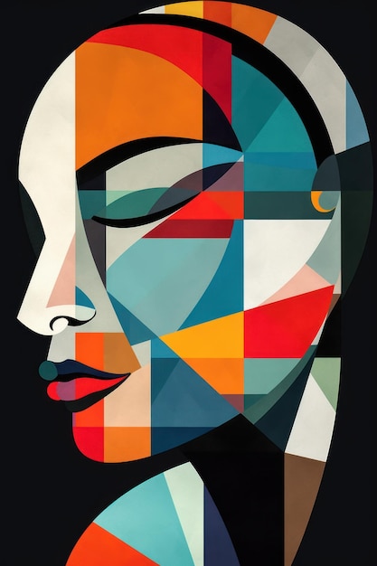Uma pintura do rosto de uma mulher com um padrão de triângulo.