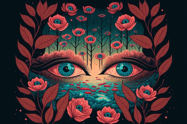 Uma pintura dos olhos de uma mulher com flores no rosto.
