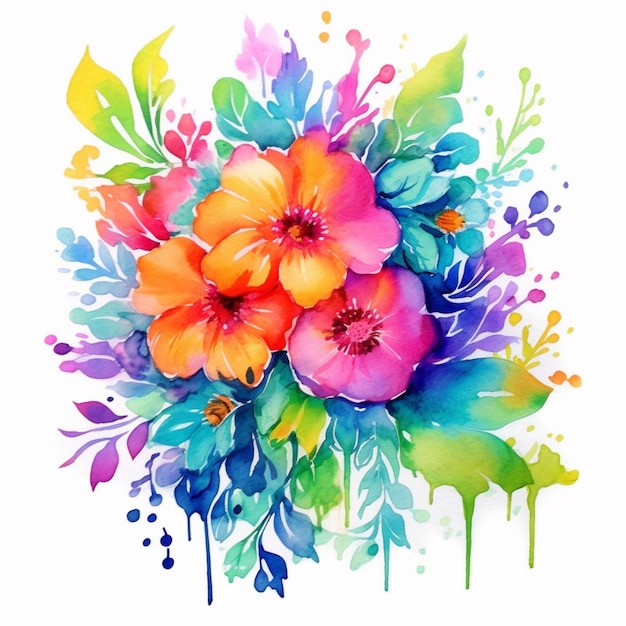 Uma pintura em aquarela colorida de um buquê de flores.