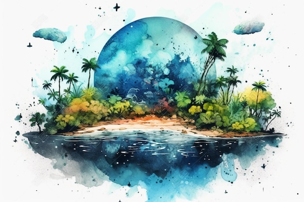 Uma pintura em aquarela colorida de uma ilha tropical com palmeiras e as palavras planeta nela.