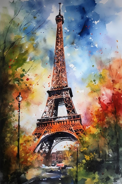 Uma pintura em aquarela da torre eiffel em paris