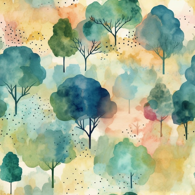 Uma pintura em aquarela de árvores em uma floresta