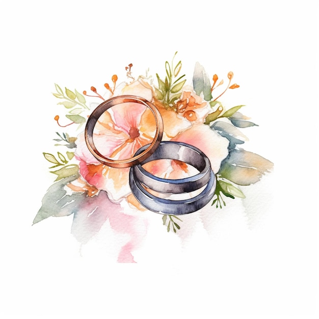 Foto uma pintura em aquarela de duas alianças de casamento com flores.