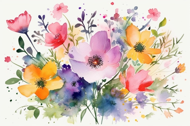 Uma pintura em aquarela de flores com a palavra primavera nela.