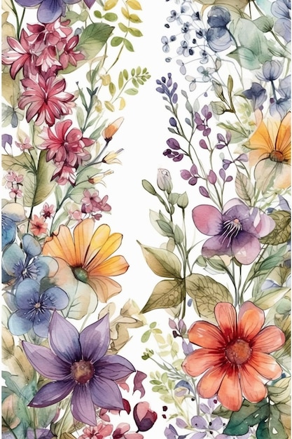 Uma pintura em aquarela de flores com o título 'primavera' na parte inferior.