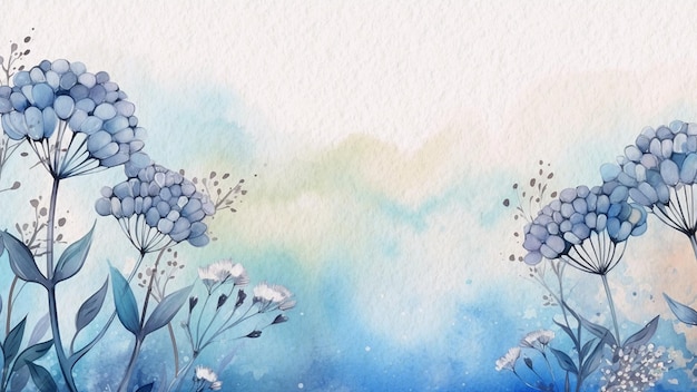 Uma pintura em aquarela de flores com um fundo azul.