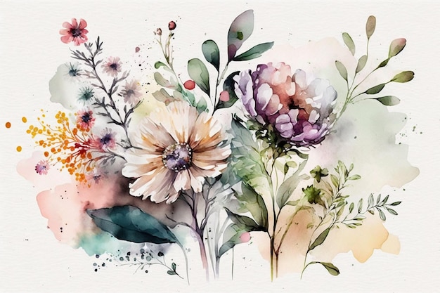 Uma pintura em aquarela de flores com um fundo verde.