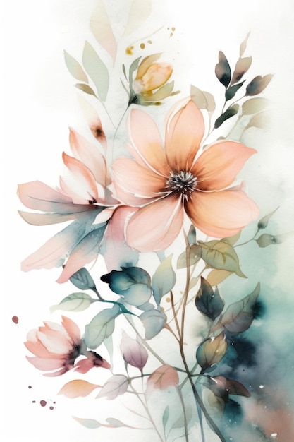 Uma pintura em aquarela de flores com um fundo verde.